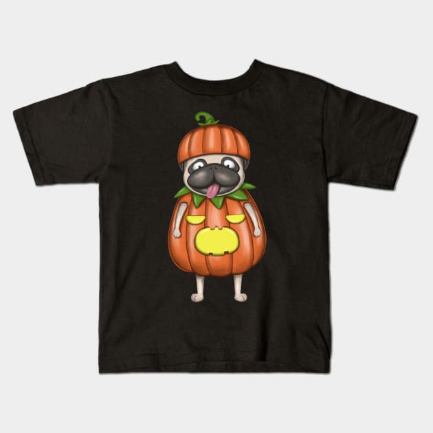 Funny Pug In Pumpkin Costume Kids T-Shirt by Luna Illustration